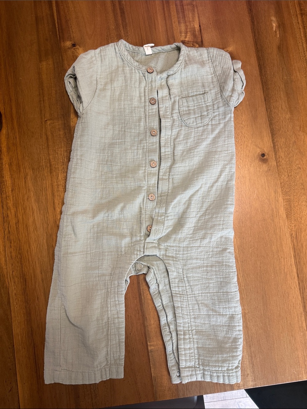 Quincy Mae Sage Green Muslin Button Romper